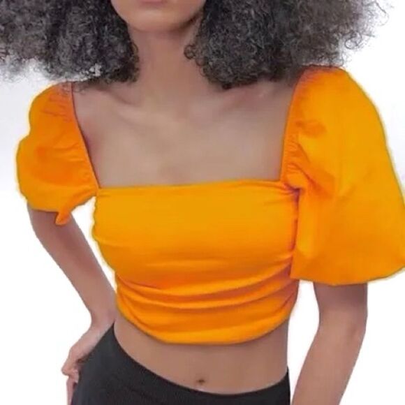 Zara Tops - Zara Neon Orange Puff Sleeve Ruched Crop Top